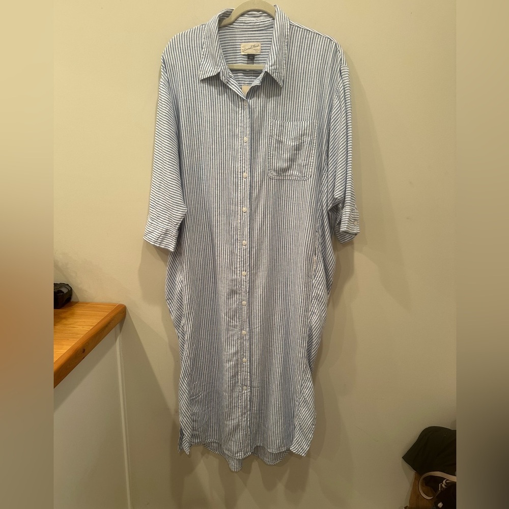 NWT Linen Blend 3/4 Sleeve Midi Shirtdress Pockets Coastal Cover Up Sz L - Picture 3 of 13